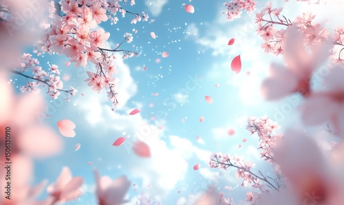Pink cherry blossom petals falling from blooming tree branches against a blue sky with fluffy white clouds, creating a dreamy spring scene