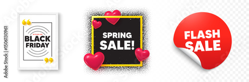 Spring sale photo frame 3d hearts. Flash sale sticker banner. Spring Sale tag. Special offer price sign. Advertising Discounts symbol. Black friday poster. Promo background. Vector