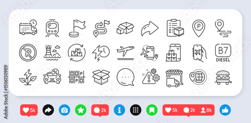 Charging time, Warning and Delivery change line icons pack. Social media: share, comment, like icons. Food delivery, Parking place, Open box web icon. Vector