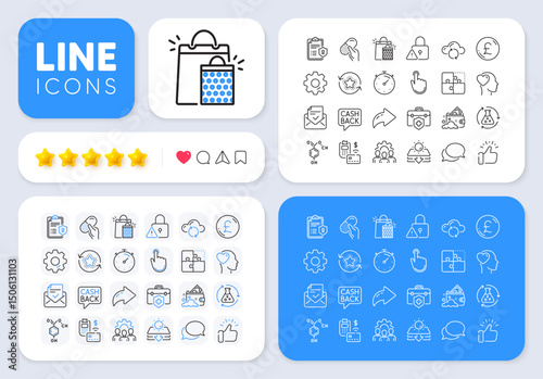 Approved mail, Shopping bags and Chemistry experiment line icons for web app. Message, Share, Like social media icons. Pack of Timer, Privacy policy, Cloud sync pictogram icons. Vector