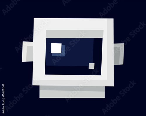 Square Astronaut Helmet cartoon . Head in Cubic white Spacesuit. Child character Spaceman. Space explorer, spaceship pilot, galactic traveler. Isolated avatar on dark background. Vector illustration