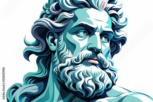 Close up of The ancient statue of god of seas and oceans Neptune on the white isolated background