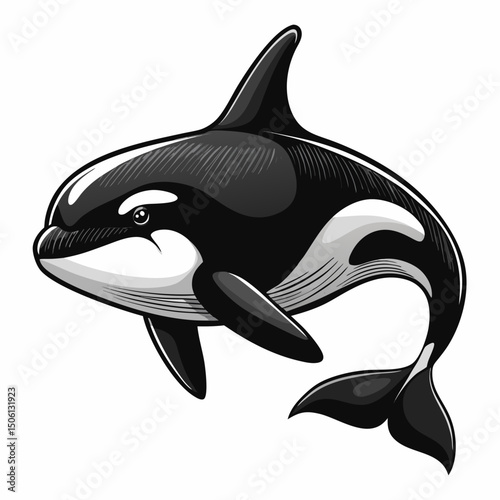 Sketch realistic killer whale black and white illustration. Killer whale drawn sketch in doodle style on a white background. Illustrated in vintage hand-drawn style.