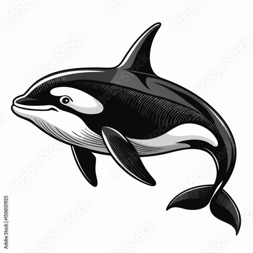 Sketch realistic killer whale black and white illustration. Killer whale drawn sketch in doodle style on a white background. Illustrated in vintage hand-drawn style.