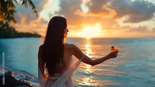 Young woman with long dark hair and light dress standing by the ocean at sunset, drinking cocktail and dancing enjoying vacation. The sky is filled with warm colors creating a serene atmosphere.