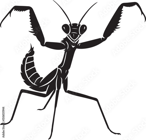Praying mantis silhouette striking insect pose, Insect with raised limbs clean drawing