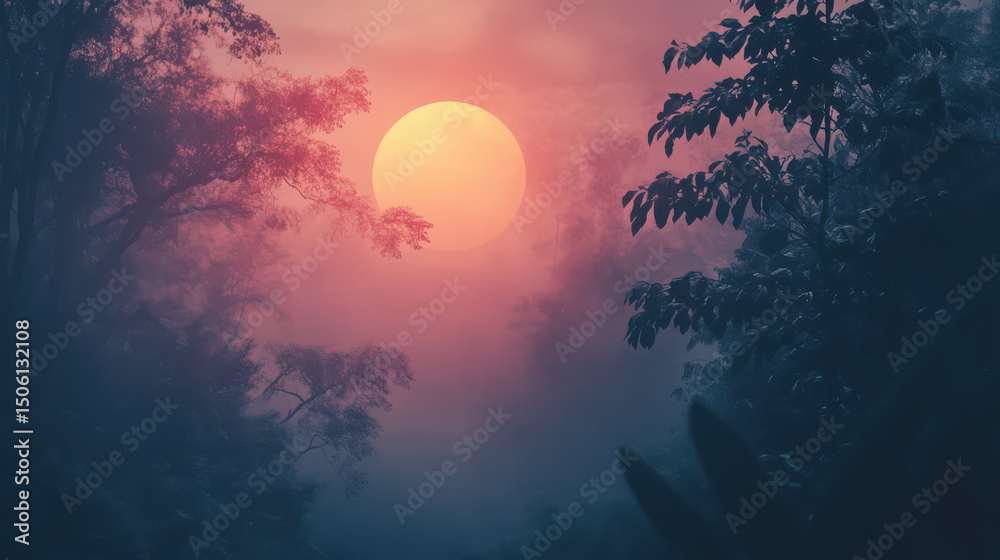 Fototapeta premium Enigmatic Sunset: An ethereal sunset, its radiant orb partially obscured by a delicate veil of fog, casts a mesmerizing glow over the tranquil woodland.