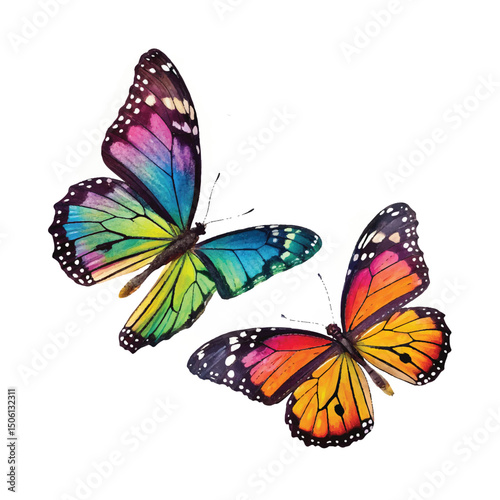 Set two beautiful colorful bright multicolored tropical butterflies with wings spread and in flight isolated on white background, close-up macro.