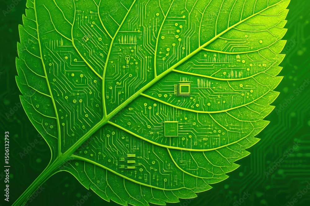 Obraz premium Technologically Enhanced Illustration of a Vibrant Green Leaf with Intricate Details