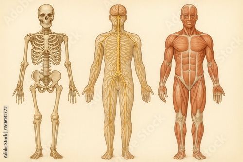 Illustration of the Systems of the Human Body, Skeleton, Nervous, and Muscular System