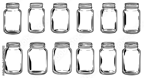 12 Empty glass jars. bottles, food jam jar vector on white background	