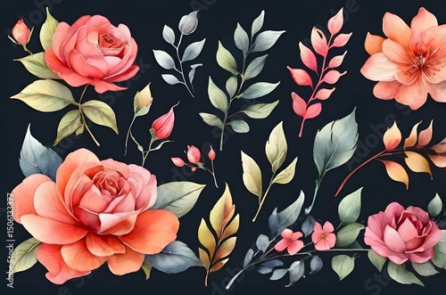 Flowers and leaves set, floral watercolor illustration for greeting card