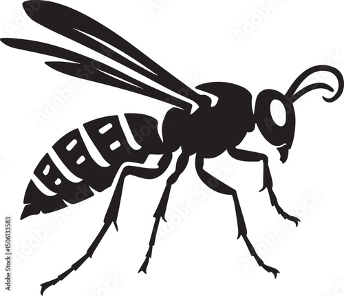 Wasp silhouette detailed insect art, Flying wasp black outline bug illustration