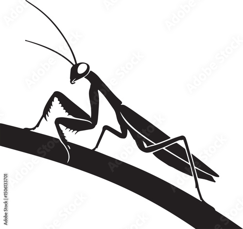 Praying mantis on branch silhouette style, Mantis insect black white vector drawing