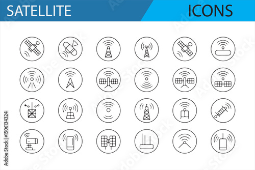Set of Satellite and Communication Icons, Vector Symbols for Technology, Telecommunications, and Connectivity