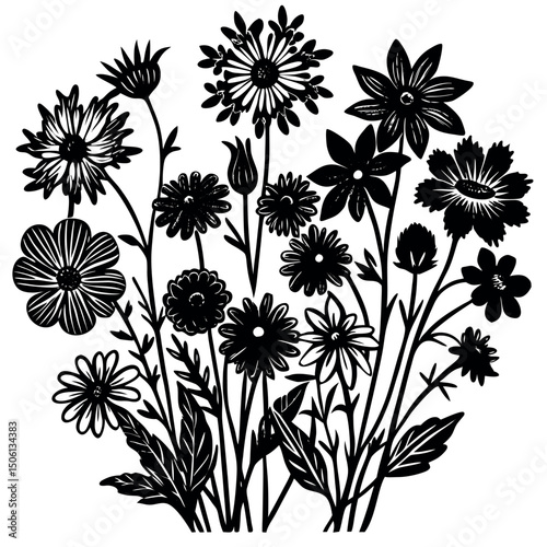 Floral illustration featuring various wildflowers in black and white against a plain background Generative AI