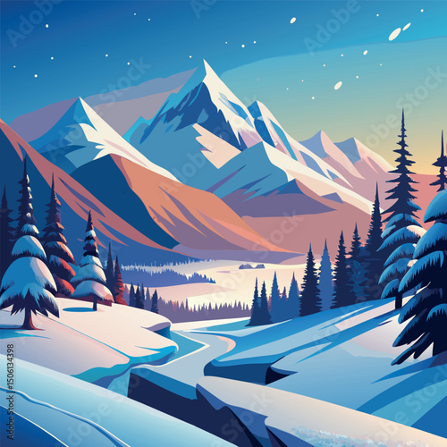Snow-covered mountains and tranquil river flow under a starry sky at dawn Generative AI