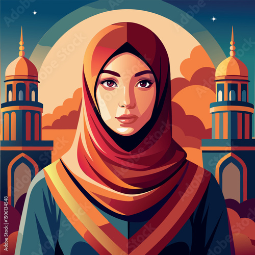 Muslim woman in vibrant hijab stands before decorative mosque at sunset Generative AI