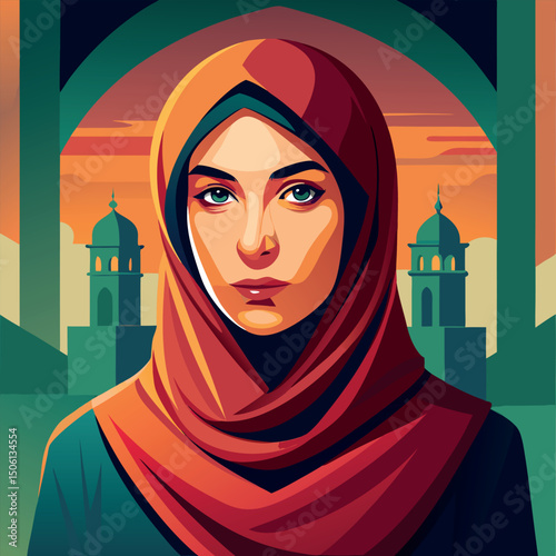 Young woman in a colorful headscarf stands against a vibrant sunset over historic architecture in a serene atmosphere Generative AI