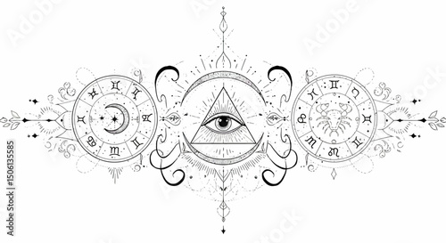 Mystical Eye of Providence Design Celestial Clock and Sacred Geometry Illustration