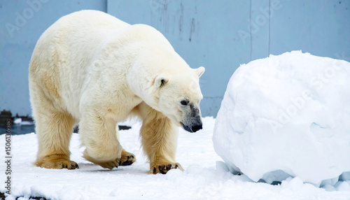 Polar bear pushing a snowball. AI