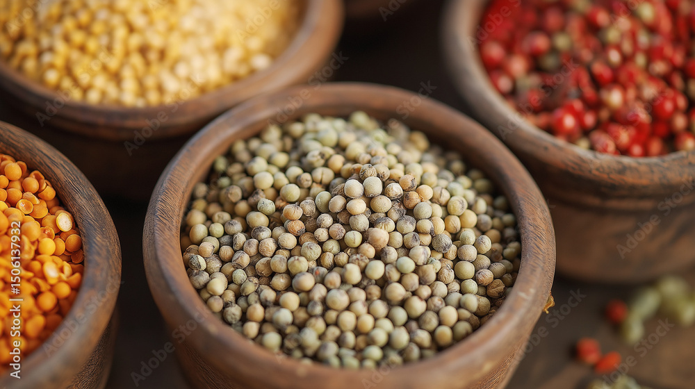 Assorted bowls filled with various grains and seeds, arranged neatly on a table Assorted bowls filled with various grains and seeds, arranged neatly on a table