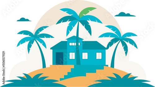 Tropical beach house illustration with palm tree and ocean waves in silhouette style