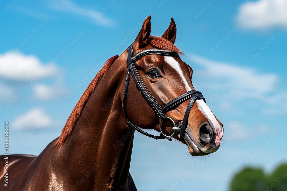 Obraz premium Magnificent Brown Horse in Headgear Against a Clear Blue Sky During Daytime