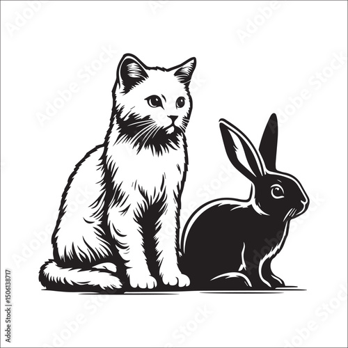 Elegant black cat and white rabbit illustration perfect for pet lovers, animal art, or whimsical designs.