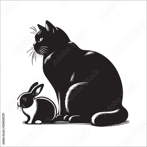 Elegant black cat and white rabbit illustration perfect for pet lovers, animal art, or whimsical designs.