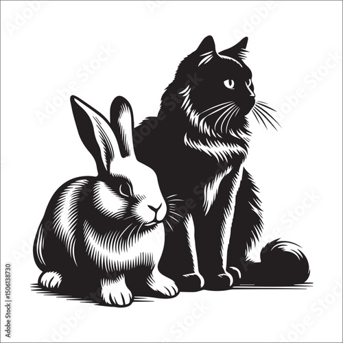 Elegant black cat and white rabbit illustration perfect for pet lovers, animal art, or whimsical designs.