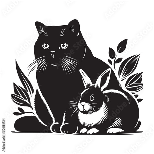 Elegant black cat and white rabbit illustration perfect for pet lovers, animal art, or whimsical designs.