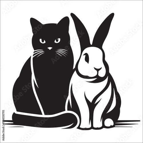 Elegant black cat and white rabbit illustration perfect for pet lovers, animal art, or whimsical designs.