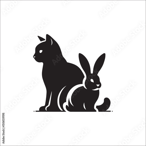 Elegant black cat and white rabbit illustration perfect for pet lovers, animal art, or whimsical designs.