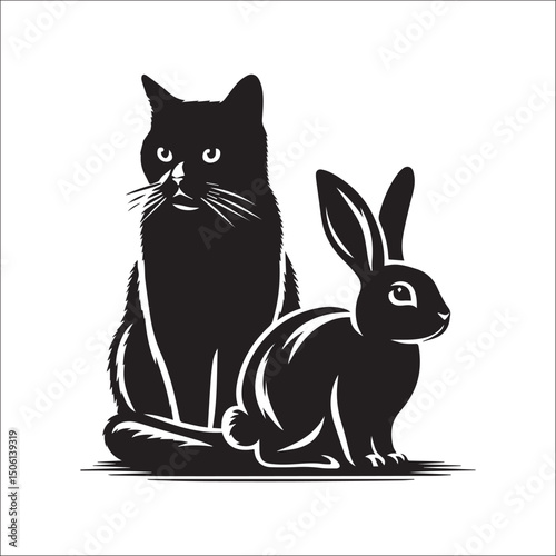 Elegant black cat and white rabbit illustration perfect for pet lovers, animal art, or whimsical designs.
