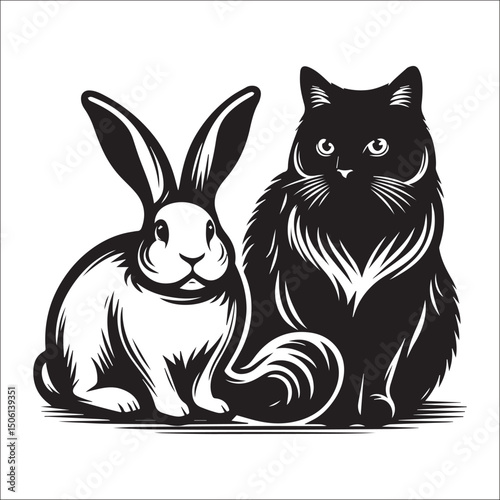 Elegant black cat and white rabbit illustration perfect for pet lovers, animal art, or whimsical designs.