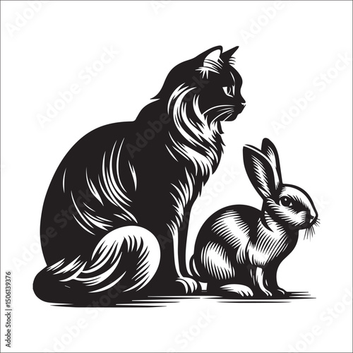 Elegant black cat and white rabbit illustration perfect for pet lovers, animal art, or whimsical designs.