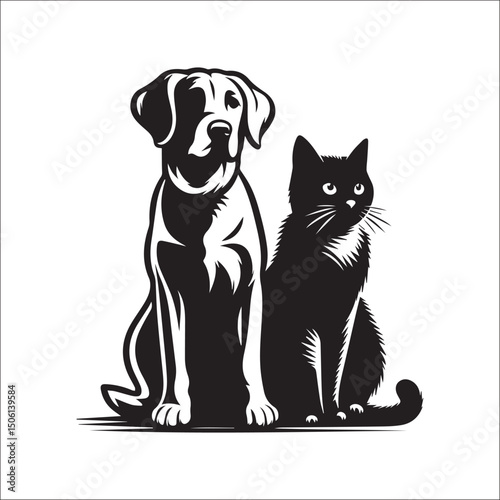 Elegant Black and White Dog and Cat Illustration Perfect for Pet Lovers and Animal Designs