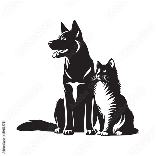 Elegant Black and White Dog and Cat Illustration Perfect for Pet Lovers and Animal Designs