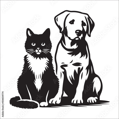 Elegant Black and White Dog and Cat Illustration Perfect for Pet Lovers and Animal Designs