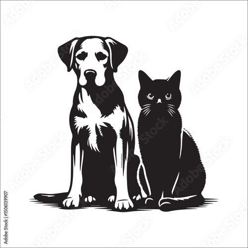Elegant Black and White Dog and Cat Illustration Perfect for Pet Lovers and Animal Designs
