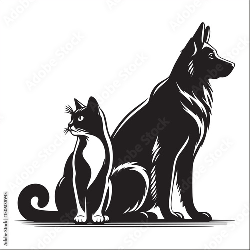 Elegant Black and White Dog and Cat Illustration Perfect for Pet Lovers and Animal Designs