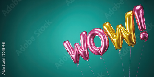 Colorful balloons forming the word wow floating against a vibrant teal background, perfect for celebrations and special occasions