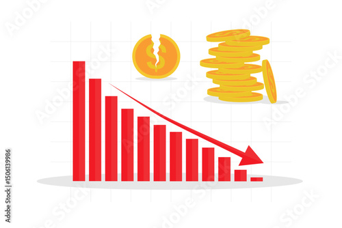 Decreasing bar chart flat illustration with downward arrow, broken coin, and coin stack. Vector chart for business failure, financial crisis, and income loss.