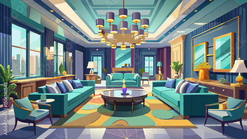 This luxury home interior seamlessly blends the living room and dining room in an elegant open-concept layout. The 3D render showcases refined furnishings, soft lighting, and harmonious color tones th