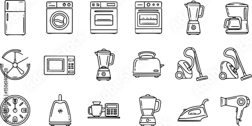 Essential home appliances linear icon set: simple outlined kitchen and household items