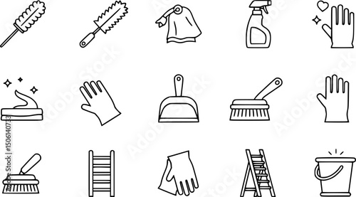 Cleaning tools icon set – solid style icons for housekeeping, sanitation, and hygiene: duster, cleaning cloth, spray bottle, dustpan, gloves, scrub brush, bucket, ladder