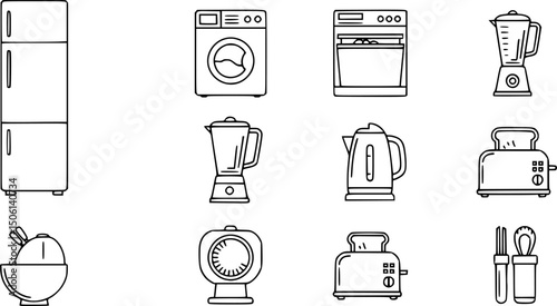 Essential home appliances linear icon set: simple outlined kitchen and household items