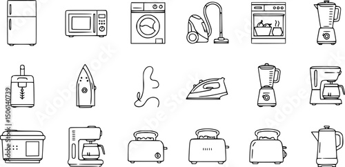 Essential home appliances linear icon set: simple outlined kitchen and household items