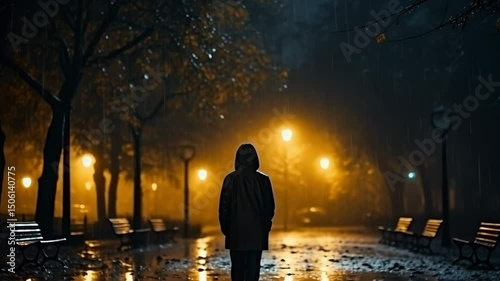 Person wearing a raincoat walking alone through a park at night, street lights casting a warm glow over the wet path and benches lining the sides, creating a moody atmosphere